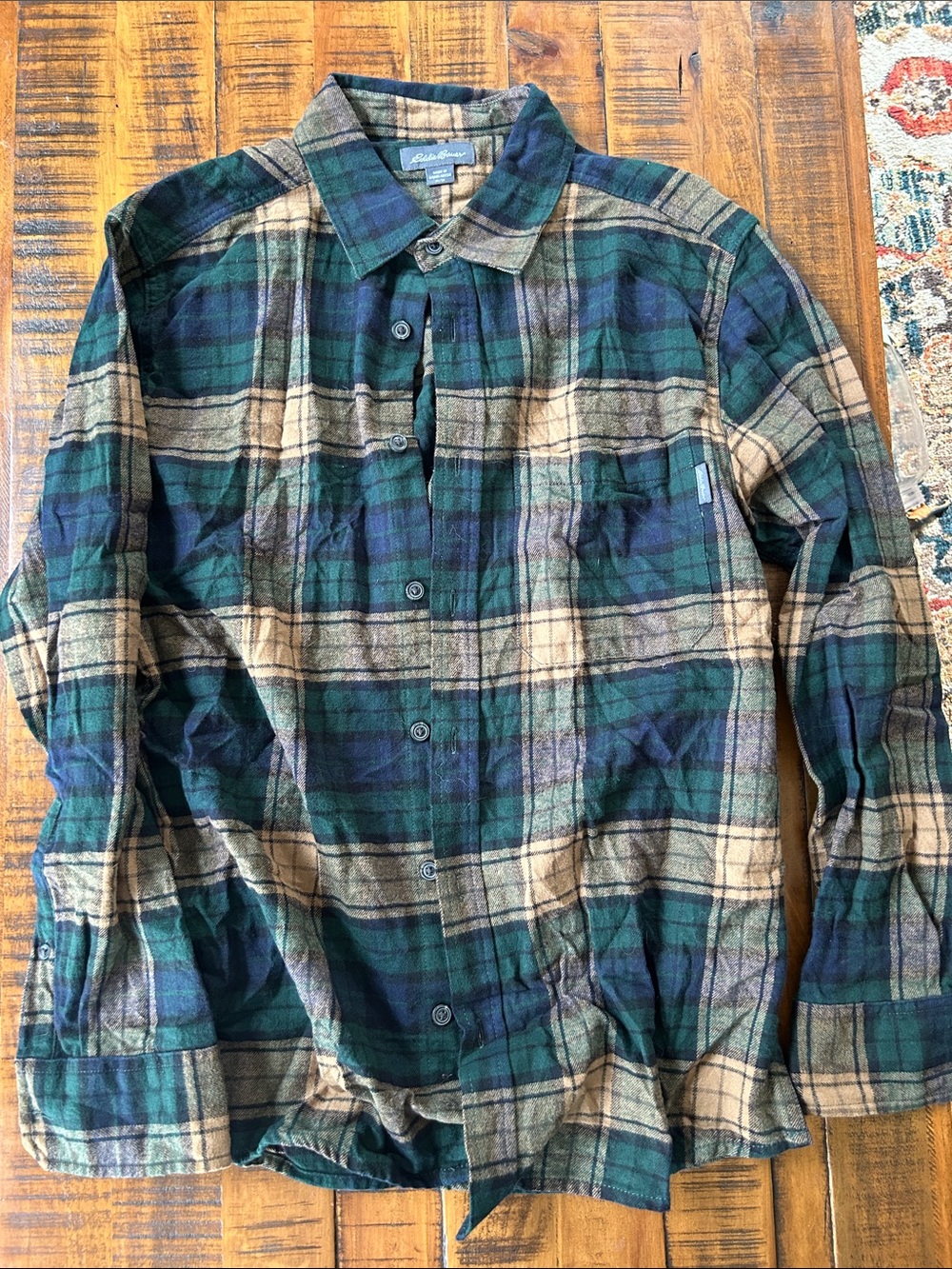 Eddie Bauer Green and Tan Plaid Button-Down Shirt